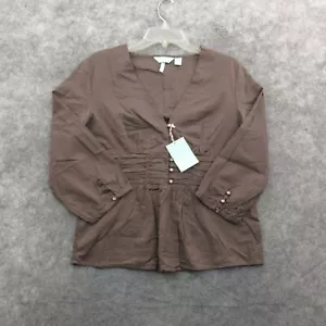 John Forsyth Womens Shirt Medium Brown 3/4 Sleeve Blouse V Neck Solid Cotton - Picture 1 of 13