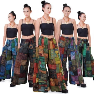 My Thai Pants: Patchwork Wide Cut Flared Jeans Hippie 70s Boho Vintage Trousers - Picture 1 of 32
