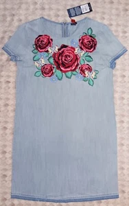 NWT WOMENS TRUE RELIGION EMROIDERED ROSES FLOWER DENIM SHIFT DRESS SMALL PETITE - Picture 1 of 12