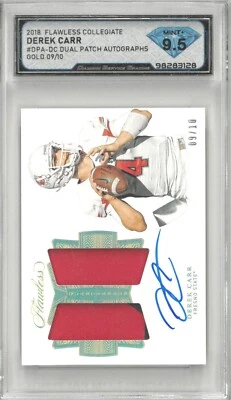 2018 Flawless Collegiate DEREK CARR Dual Patch Auto Gold /10 💎 DSG 9.5 Mint+ - Image 1 of 2