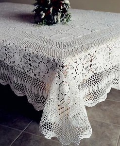 Vintage Handmade 100% Cotton Crochet Lace Tablecloth White/Ecru OB 6-10 Seats - Picture 1 of 5