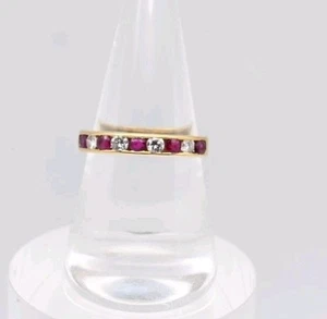 Vintage Ruby and Diamond Half Eternity 18ct Yellow Gold Band/Ring Size N 2.8g - Picture 1 of 6