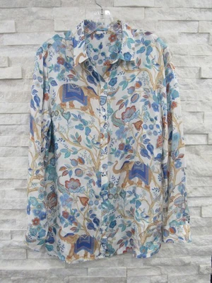 J. McLaughlin шелк саржи цветы и слоны кнопка спереди блузка рубашка L - Изображение 1 из 4