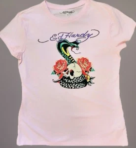 ED HARDY T-Shirt Womens Large Pink Skull Snake Graphic Short Sleeve Crew Neck - Picture 1 of 7