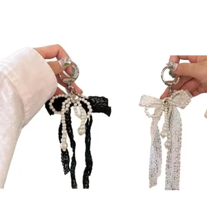 Sophisticated Lace and Silver Pearls Keychain for Elegant Women s Bags Wallets - Picture 1 of 10