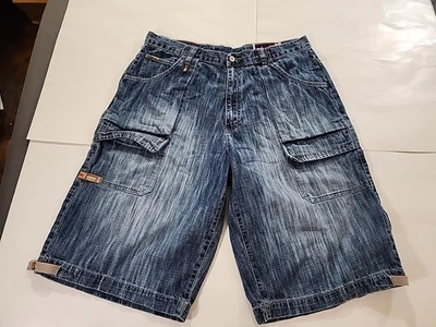 Vtg Phat Farm Shorts Mens 38 Wide Leg Baggy Jean Blue Denim Long Embroidered Y2K - Image 1 of 4