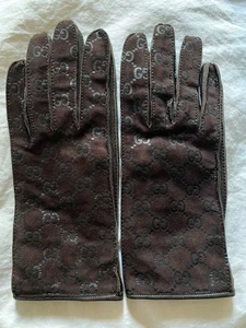 Gucci Women's Gloves GG Logo All-Over Pattern Brown Leather Silk Size 6 Ladies - Picture 1 of 4