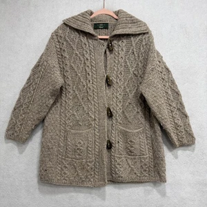 Made in Ireland Hooded Cardigan Sweater Womens Large Oatmeal Aran Cable Knit - Picture 1 of 15
