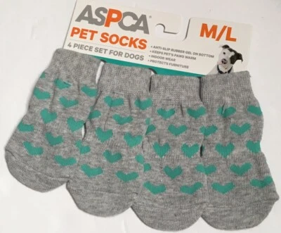 ASPCA SET 4 PET SOCKS 💕 HEARTS DESIGN DOG SOCKS  Gray/Aqua Non Slip  M/L NWT - Image 1 of 2