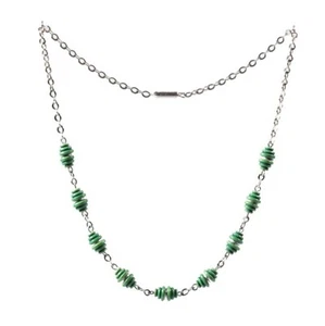 Vintage Art Deco chrome chain necklace galalith green ribbed cone beads - Picture 1 of 4