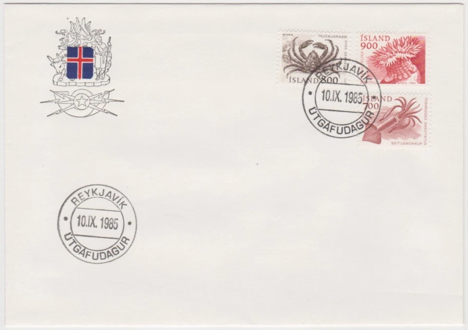 Iceland FDC 1985, European Flying Squid, Great Spider Crab, Dahlia Anemone - Image 1 of 1