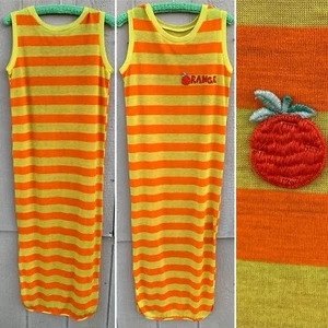 ORANGE tank dress long sleeveless orange yellow striped maxi 80s? 1980s? - Picture 1 of 12