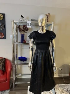 ZARA Black Faux Leather Smocked Midi Dress Pleated Puff Sleeve Sz XS - Picture 1 of 5