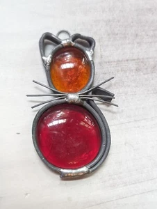 Vintage Stained Glass Cat Sun Catcher Ornament Handmade Orange Kitschy Cute - Picture 1 of 5