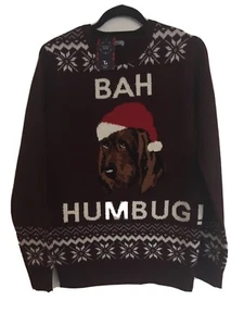MENS BAH HUMBUG BURGUNDY & WHITE WITH DOG XMAS CHRISTMAS JUMPER BNWT M MEDIUM - Picture 1 of 12