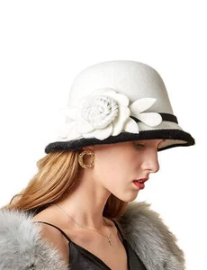 Women's Cloche Hat 1920s Winter Bucket Hat Vintage Church Elegant Flower White F - Picture 1 of 5