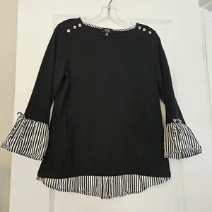 Jones Of New York Black Mock Layered Boat Neck Top & Button Detail Sz M - Picture 1 of 6
