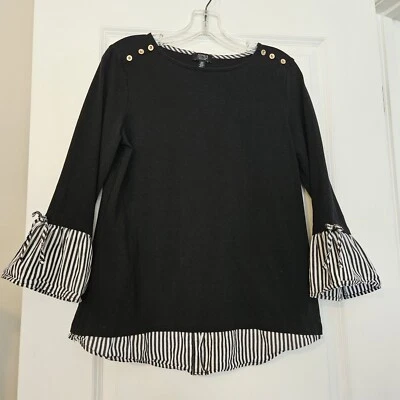 Jones Of New York Black Mock Layered Boat Neck Top & Button Detail Sz M - Image 1 of 4