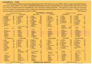Vtg 1975 Season APBA Baseball Roster & XB Roster. Perfect Cond. Replace Lost One - Picture 1 of 1