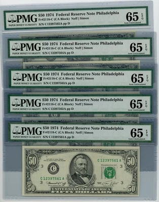 FR. 2118-C $50 1974 5 Consecutive Federal Reserve Note 65 EPQ PMG DC-2559 - Image 1 of 3