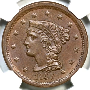 1857 N-2 NGC MS 64 BN Sm Date Braided Hair Large Cent Coin 1c - Picture 1 of 3