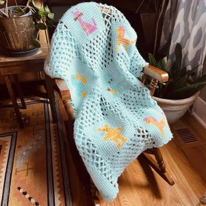 Vintage Crochet Teal Baby Blanket Sweet Retro Colorful Animals Granny Kitschy - Picture 1 of 2