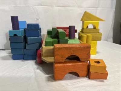 Vintage Playskool Colored Wood Building Blocks & More. Wood Play Wagon. 65+ Pcs - Image 1 of 4