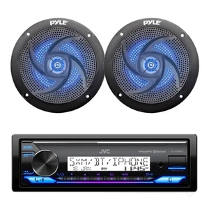 Marine Bluetooth AM/FM Radio, 2x 5.25" 180W Blue Flash LED Boat Speakers (Black) - Picture 1 of 4