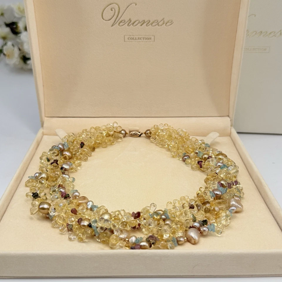 Collar de Lujo Tutti Frutti Cinco Hilos Citrino y Topacio Perla Oro 14k 18" Foto 1 de 4