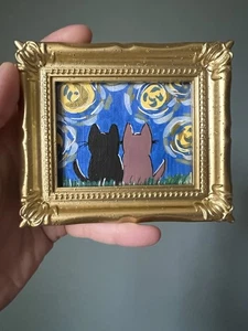 Schwarze Katze Van Gogh Nacht, süß, Original, Miniaturgemälde, klein, mini, gerahmt - Bild 1 von 5