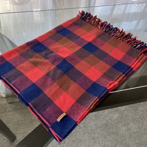 Coach Wool Blend Scarf Plaid Red Blue Check Fringe Unisex Winter Wrap - Picture 1 of 5