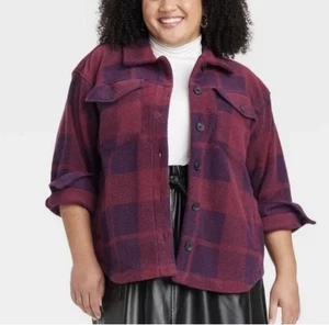 Women’s Ava & Viv Plaid Heavy Flannel Shacket Burgundy/Navy 1X Retail $45 - Picture 1 of 8