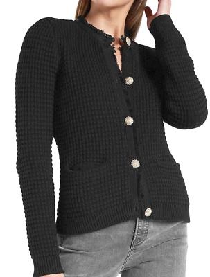 NUEVO EXPRESS NEGRO TEXTURIZADO ADORNADO BOTÓN FLECOS SUÉTER CHAQUETA CÁRDIGAN M Foto 1 de 4