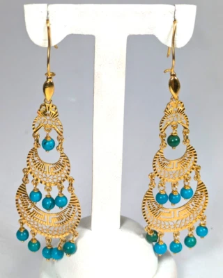 Висячие серьги-капли из золота 21 карат с бирюзой, длина 3 дюйма x ширина 3/4 дюйма - Изображение 1 из 4