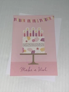 Hallmark Birthday Blank Card: Simple Fun Pink Cake Candles Banner Make A Wish - Picture 1 of 5