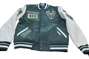 Pro Standard Men’s Milwaukee Bucks Area Code Rib Wool Varsity Jacket Green Large - Picture 1 of 16