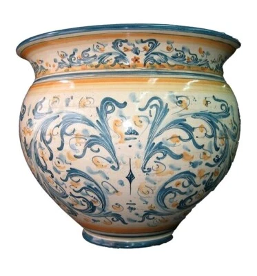Cachepot Keramisch Sizilien Handbemalt Caspò Blau Orange Vase Übertopf - Bild 1 von 3