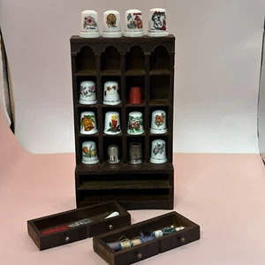Wooden Thimble Miniature Cabinet display with miscellaneous sewing items. - Picture 1 of 19
