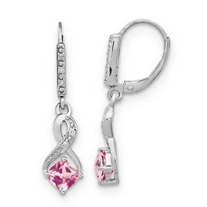 Sterling Silver Lab-Created Pink Sapphire and Diamond Leverback Dangle Earrings - Picture 1 of 6