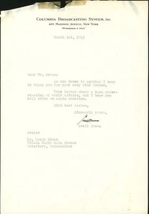 Lettera firmata Cecil Brown - CBS - 1943 - Foto 1 di 2