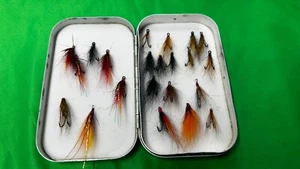 RICHARD WHEATLEY Metal Fly Box. 21 Salmon Trout Fishing Flies. Double Hooks. - Picture 1 of 6