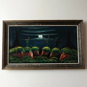 Vintage 70s Cactus Southwest Desert Moon Black Velvet Painting Framed 14x22 - Picture 1 of 21