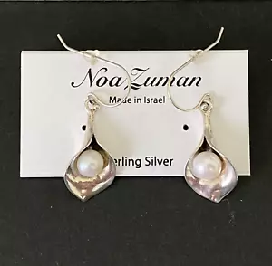 NWT Noa Zuman Israel Sterling Silver & Pearl Earrings Jack in the Pulpit Flower - Picture 1 of 12