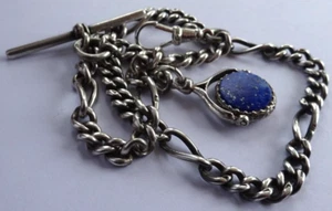 Superb antique solid silver pocket watch albert chain & lapis lazuli swivel fob - Picture 1 of 16