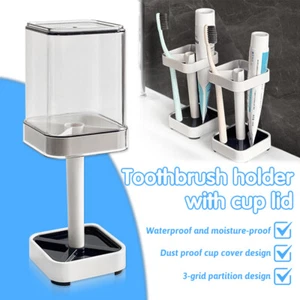 Toothbrush Holder with Cup Cover – 3 Slots, Stores Toothpaste, Rectangular White - Picture 1 of 16