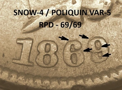 1869 Indian Head Cent - VERY FINE DETAILS (HOLE) SNOW-4 69/69 RPD  (M655) - Image 1 of 4