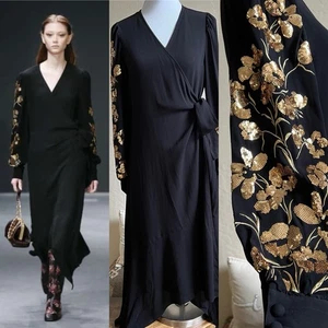 Vestido Tory Burch 2020 pasarela $698 negro crepé envoltura dorado lentejuelas mangas alto-bajo S - Imagen 1 de 16