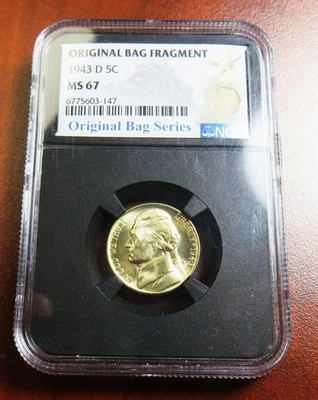1943-D Jefferson nickel__NGC MS 67__with BAG FRAGMENT__lots of step detail - Image 1 of 2