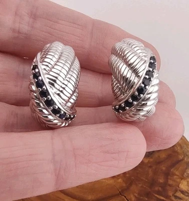 Judith Ripka Blue Sapphire Sterling Silver Hoop Omega Post Earrings 925 - Image 1 of 4