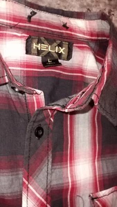 HELIX!! Mens Athletic Red,Black Plaid Button Down Roll Tab Sleeve/ Size LARGE - Picture 1 of 20